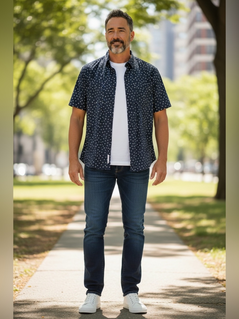 George Navy Short Sleeve Button-Up with White Circle Design